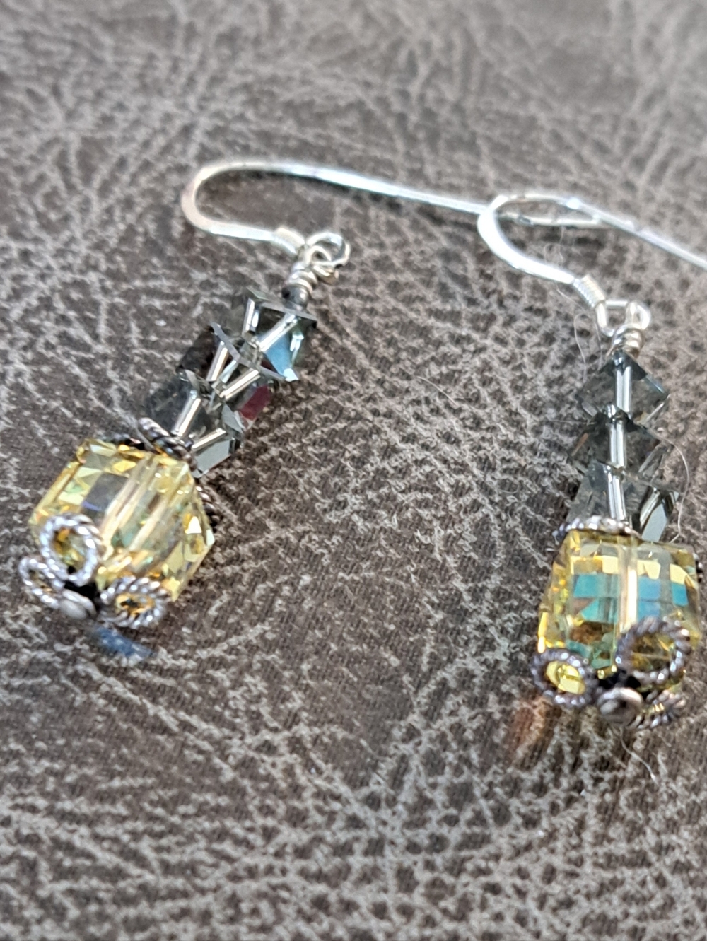 Delicate Yellow and Grey Swarovski  Crystal  Earrings w/Sterling Silver Accents